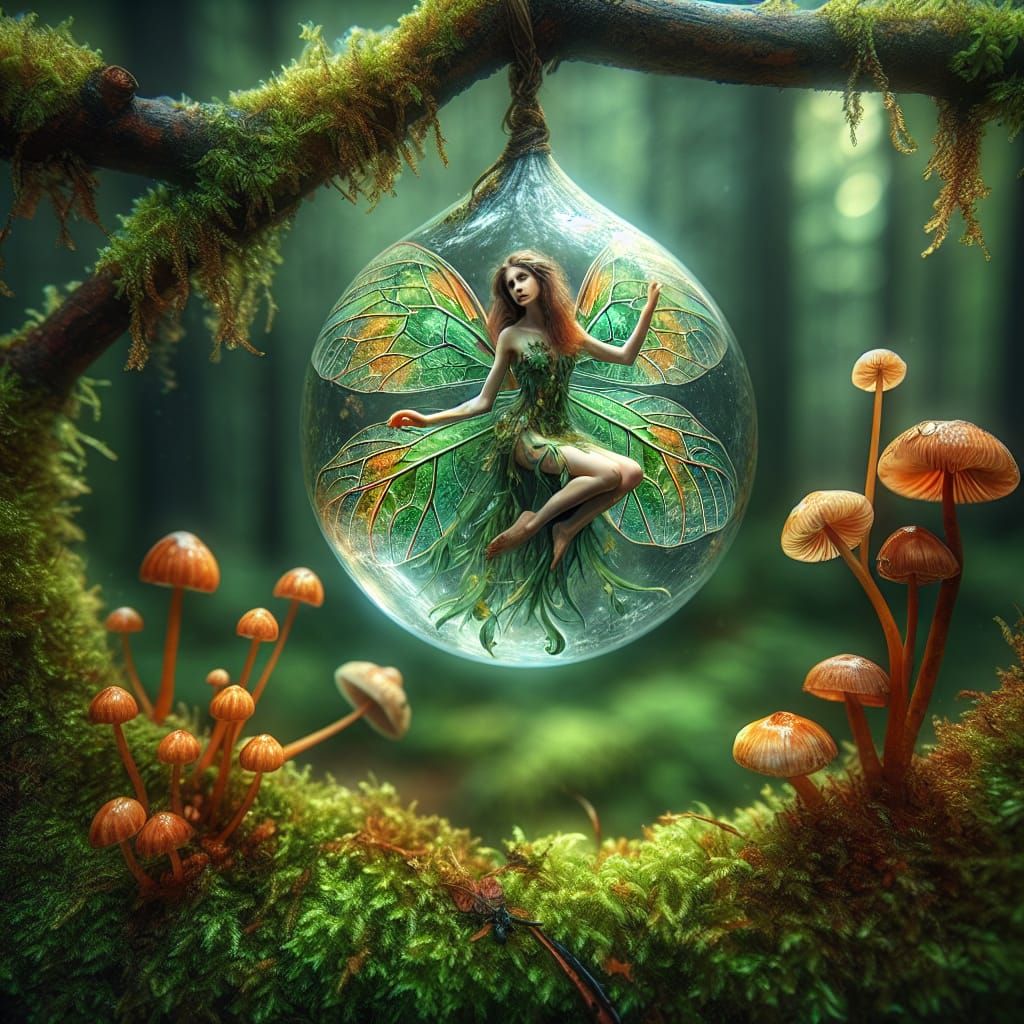 Ethereal Fairy in Dewdrop Swing, Magical Woodland Scene