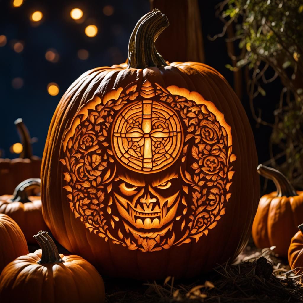 Intricate Pumpkin Carving at Night: Ultra-Detailed Photograp...