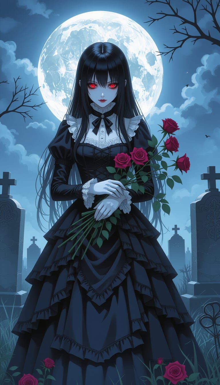 Gothic Anime Girl in Moonlit Graveyard