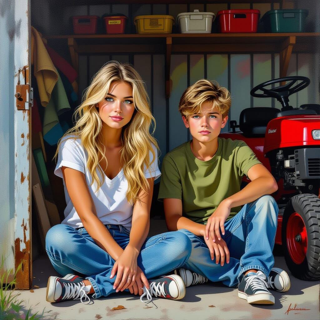 Siblings in Storage Shed with Lawnmower, Hyperrealistic Art
