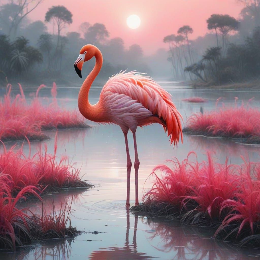 Enchanted Flamingo Wetland Scene in Dreamlike Fusion of Arti...