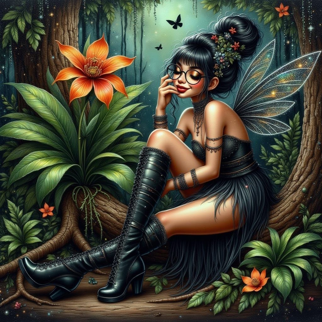 Gothic Fairy Resting on an Orchid Flower