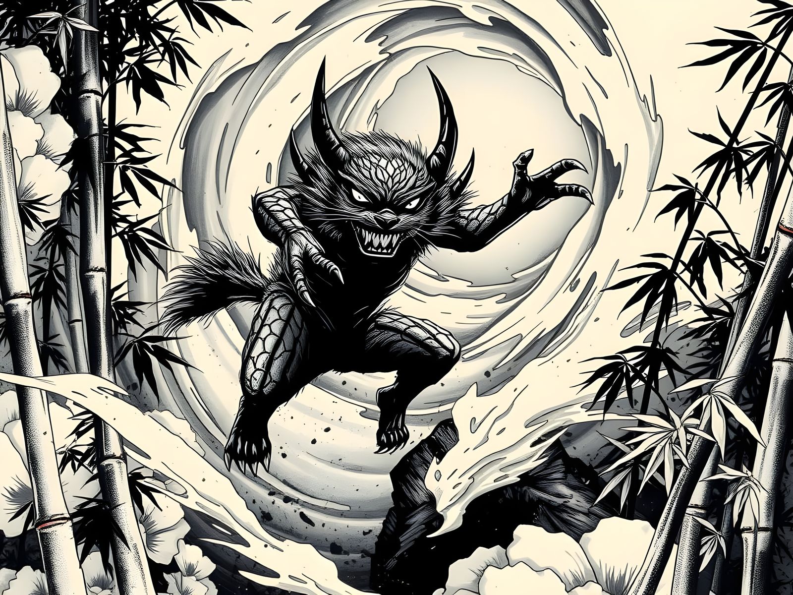 Kamaitachi Weasel Demon Leaps in Sumi-e Style