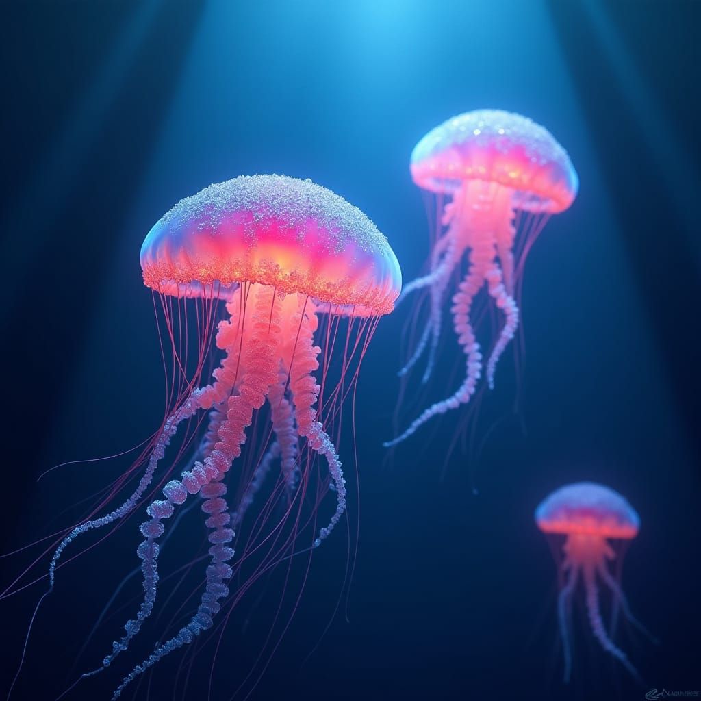 Bioluminescent Jellyfish in Deep Ocean, Futuristic Art