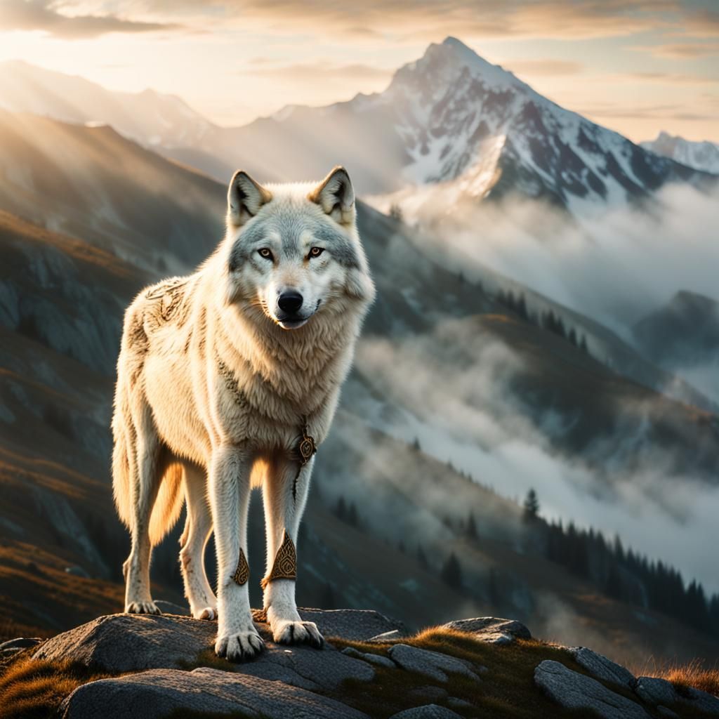 White Wolf with Celtic Tattoos on Misty Peak