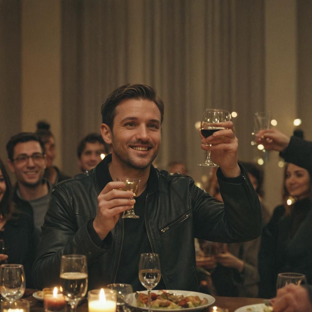 Man in Black Jacket Raises a Toast