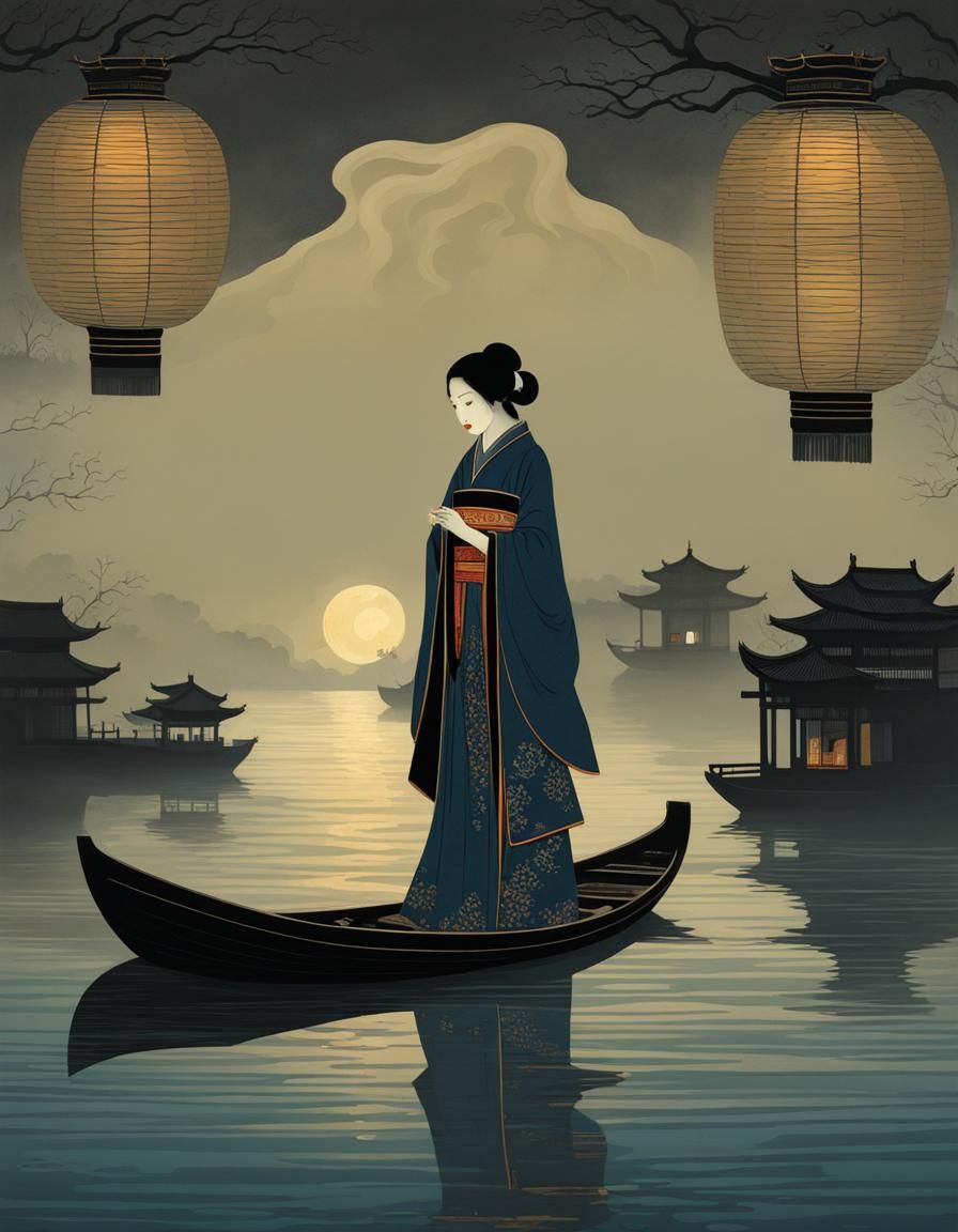 Ghostly Boat Woman on Dark River in Ukiyo-e Style
