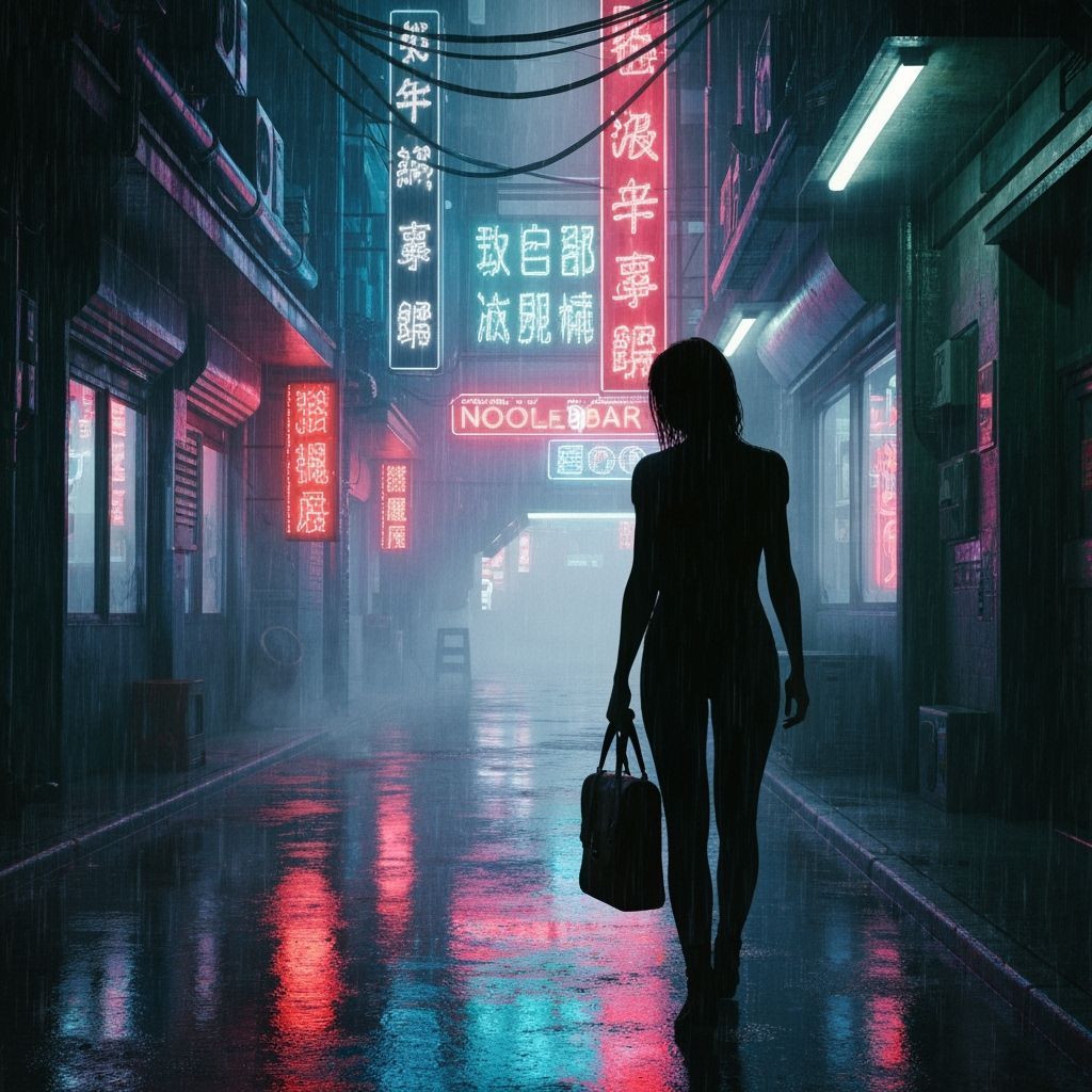 Cyberpunk Alleyway with Neon Lights and Lone Figure