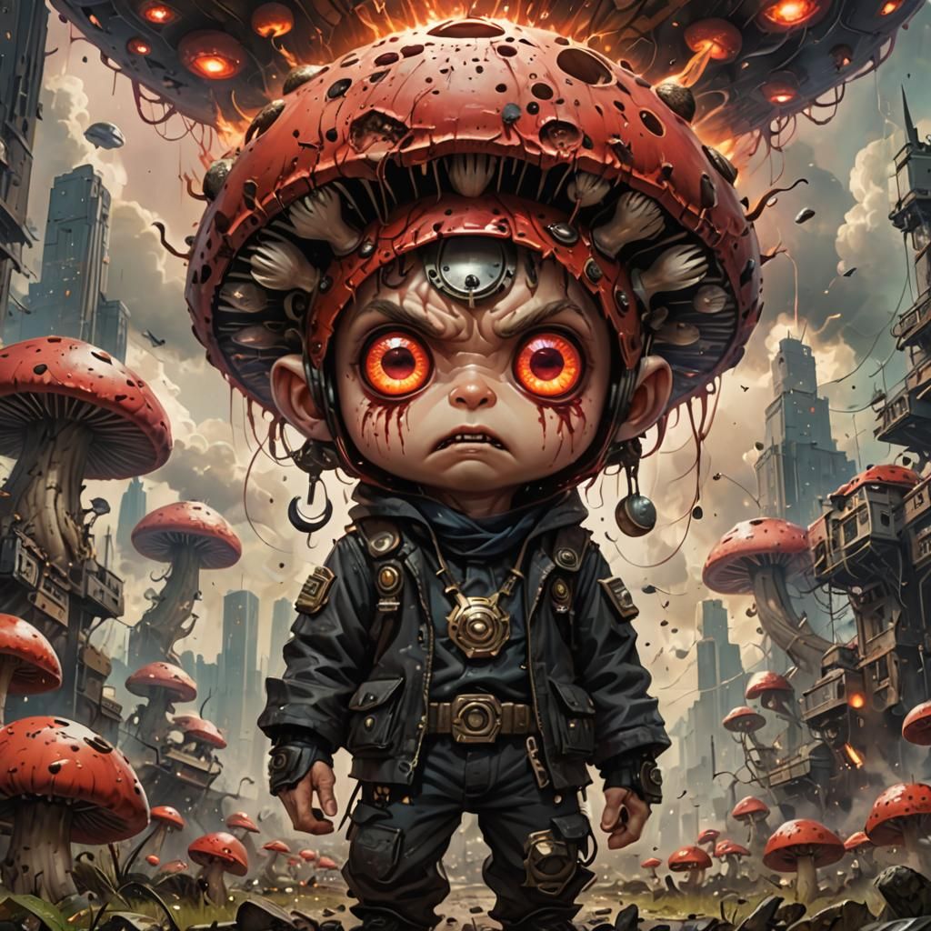 Kawaii Anger with Mushroom Clouds, Digital Illustration