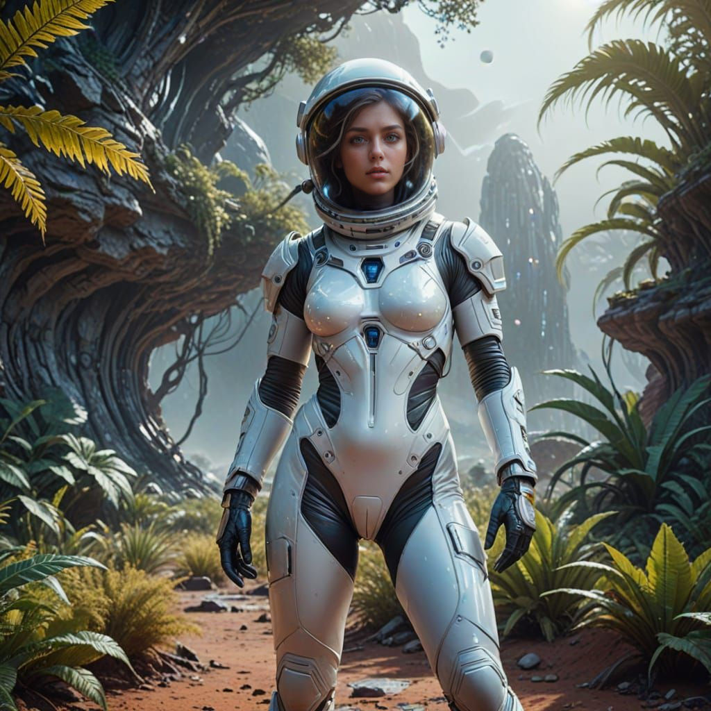 Astronaut Woman Explores Mysterious Alien World in Futuristi...