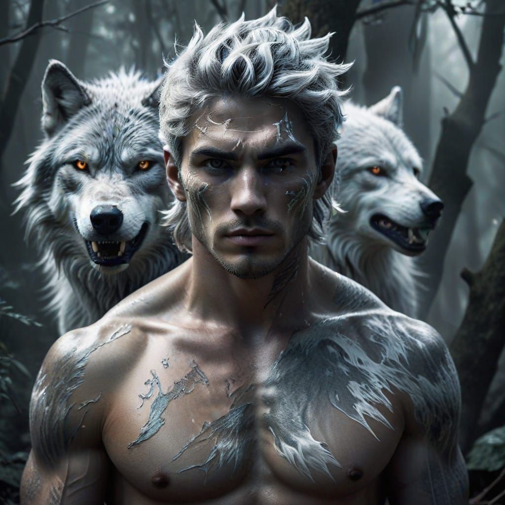 A youthful-looking beefcake wolf shifter male in human form, gray hair, Double exposure with a sinister wolf spirit over...