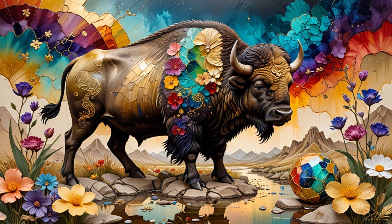 Buffalo and Duckling in Surreal Kintsugi Landscape