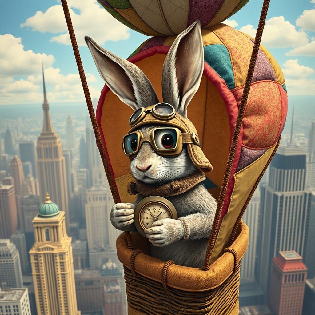 Rabbit Explorer in Patchwork Hot Air Balloon Over Art Deco C...