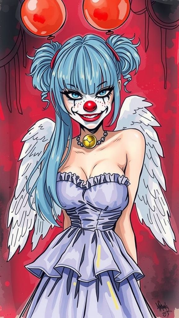 Angelic Clown in Dark Fantasy Watercolor Comic Style