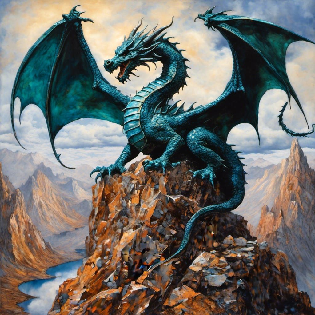 Hyperrealistic Dragon on Maximalist Mountaintop