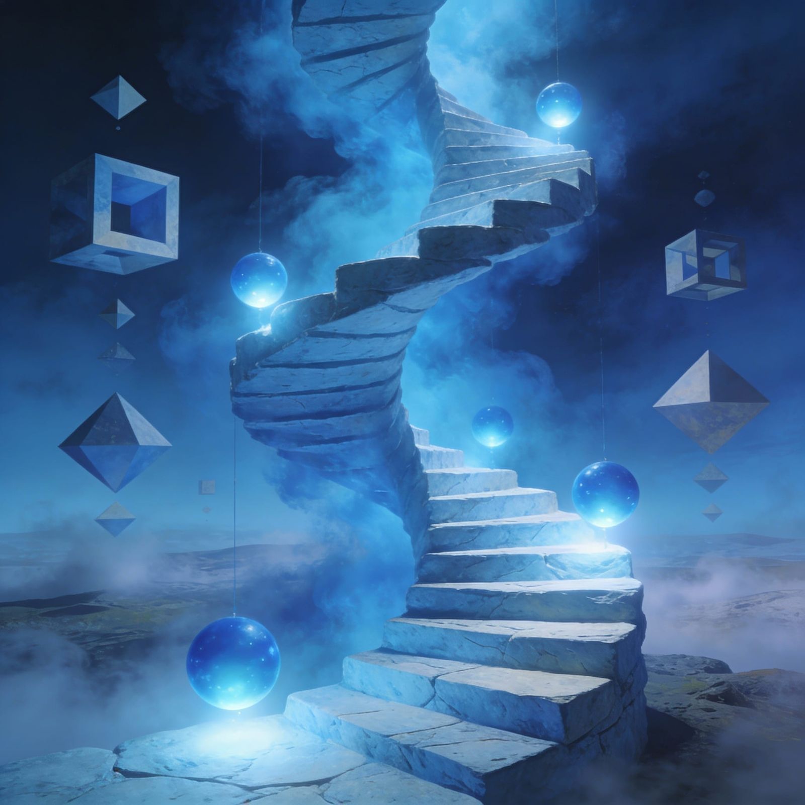 Endless Blue Stone Staircase Ascends into Azure Mist