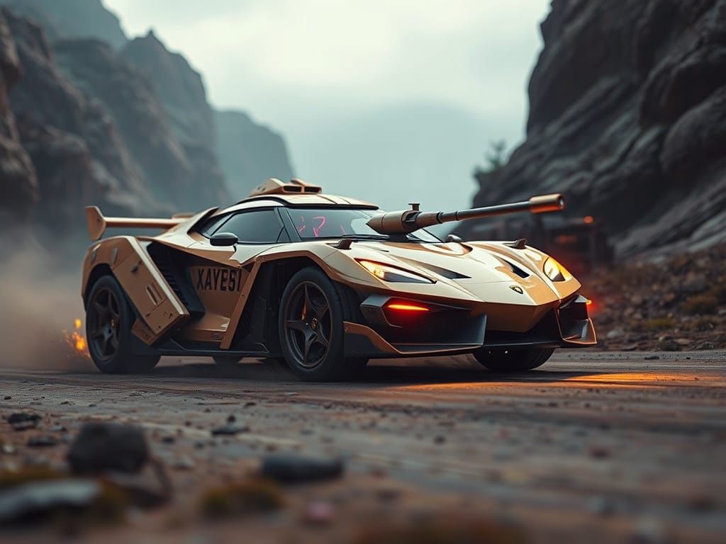 Steampunk Lamborghini Armored Tank Stunt, Dark Fantasy Art