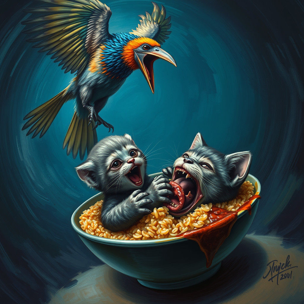 Grotesque Bird and Masked Kitten in Surreal Scene