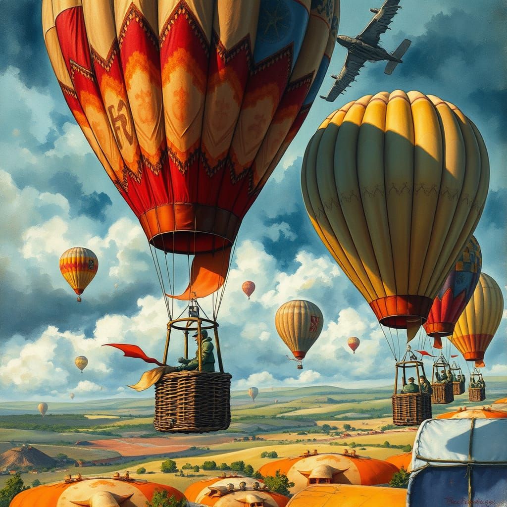 Army Invades by Balloon in Gouache Style