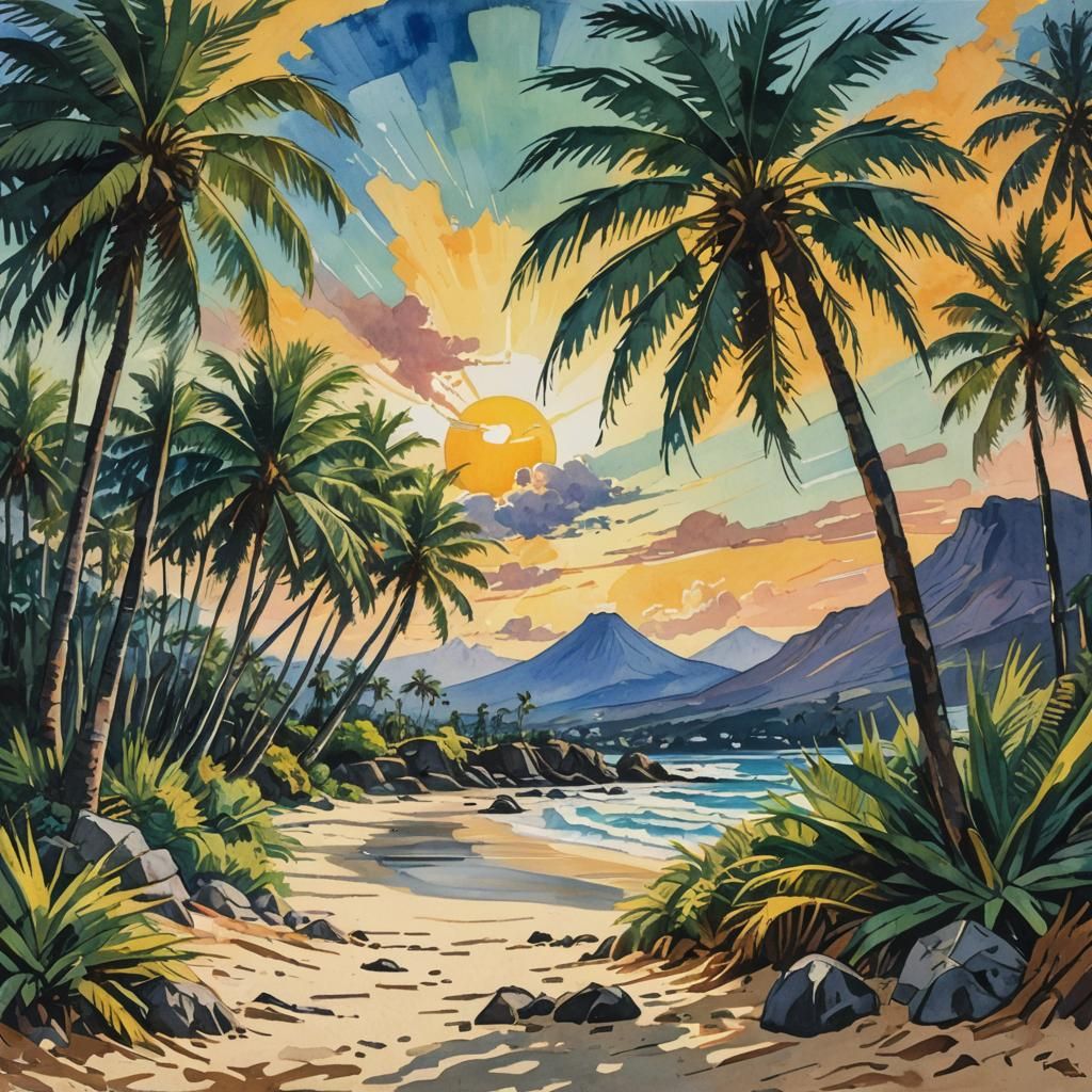 Tropical Beach with Volcanic Relief as Gouache Impressionism