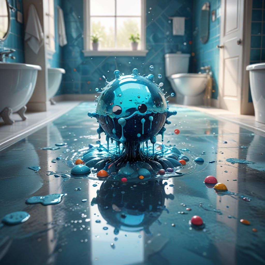 Cheerful Blue Bacterium Splashing in Puddle, Candy Art Style