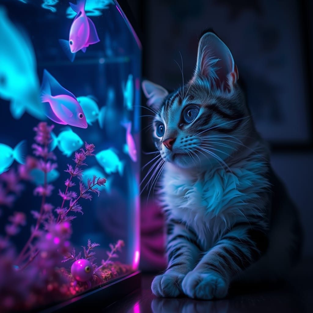 Cat Gazing at Bioluminescent Fish in Aquarium