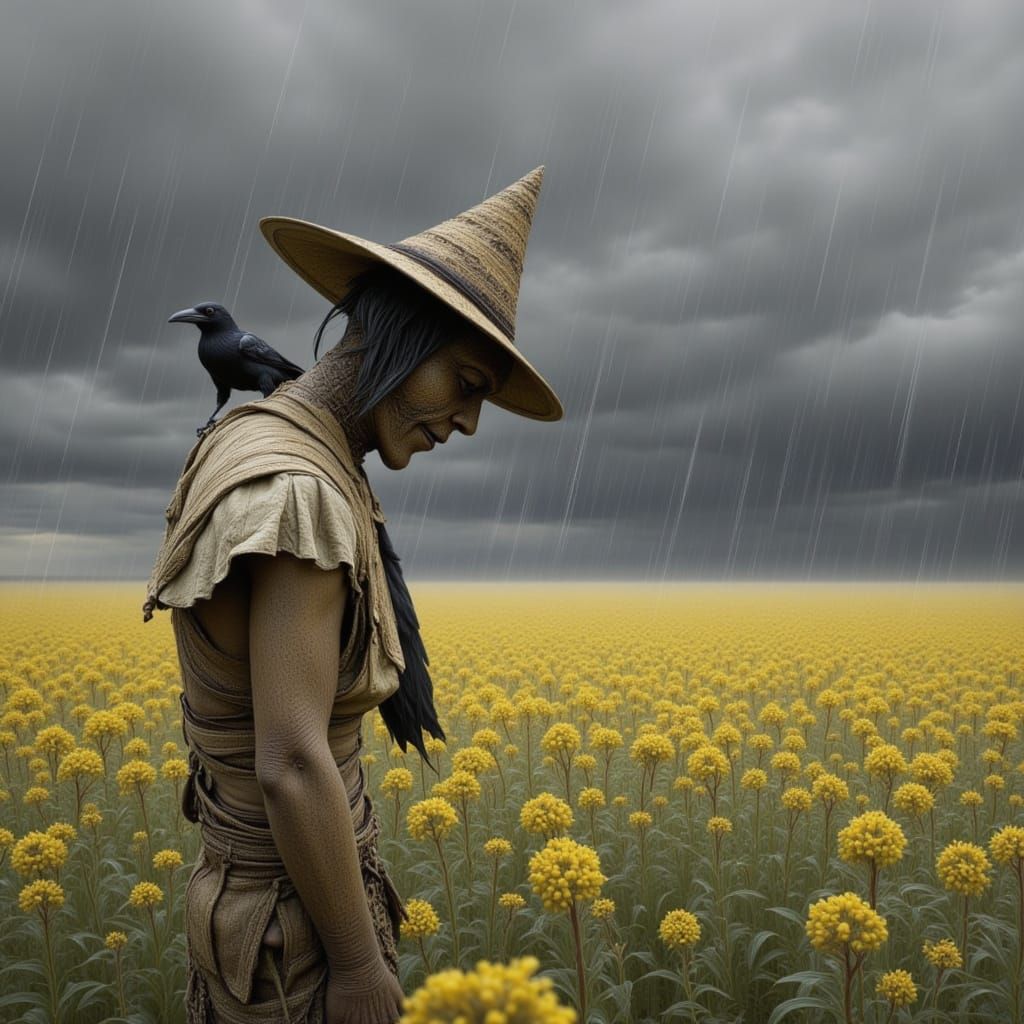 Scarecrow in Summer Rain with Crow