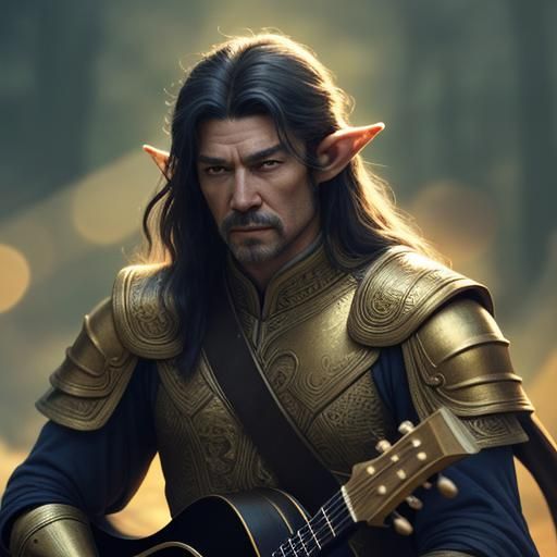 long hear elf art golden yang elf-man bard with lute looks s...