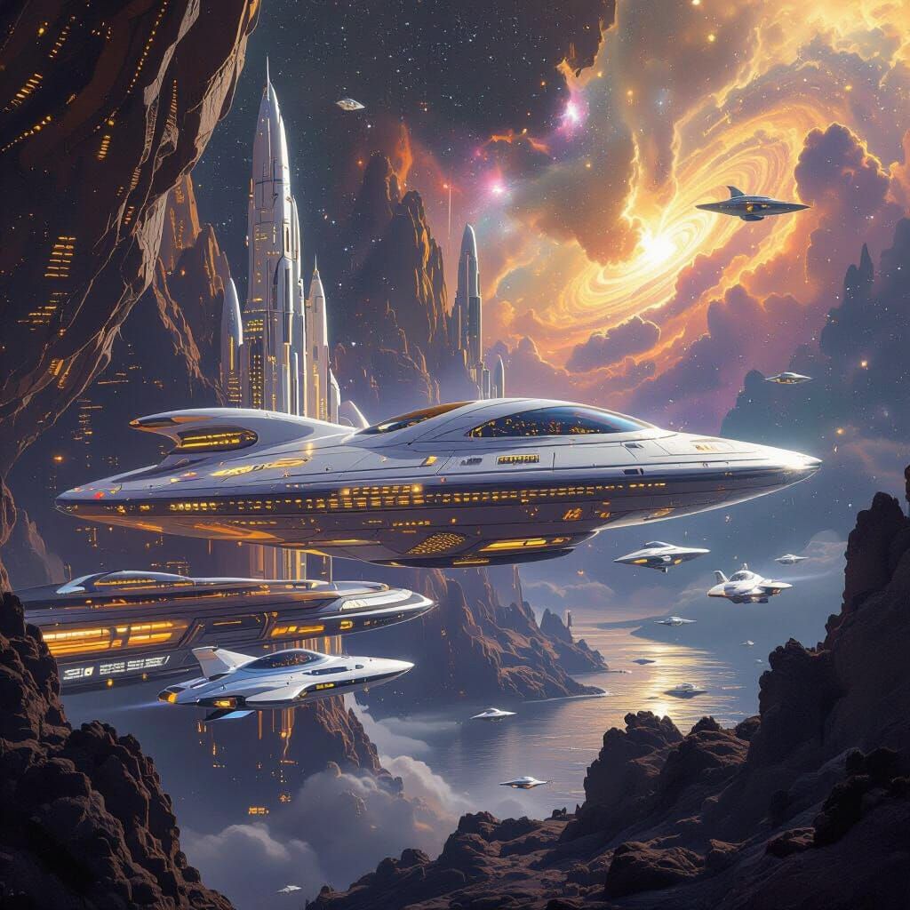 Celestial Spaceport in Nebula, Futuristic Sci-Fi Art