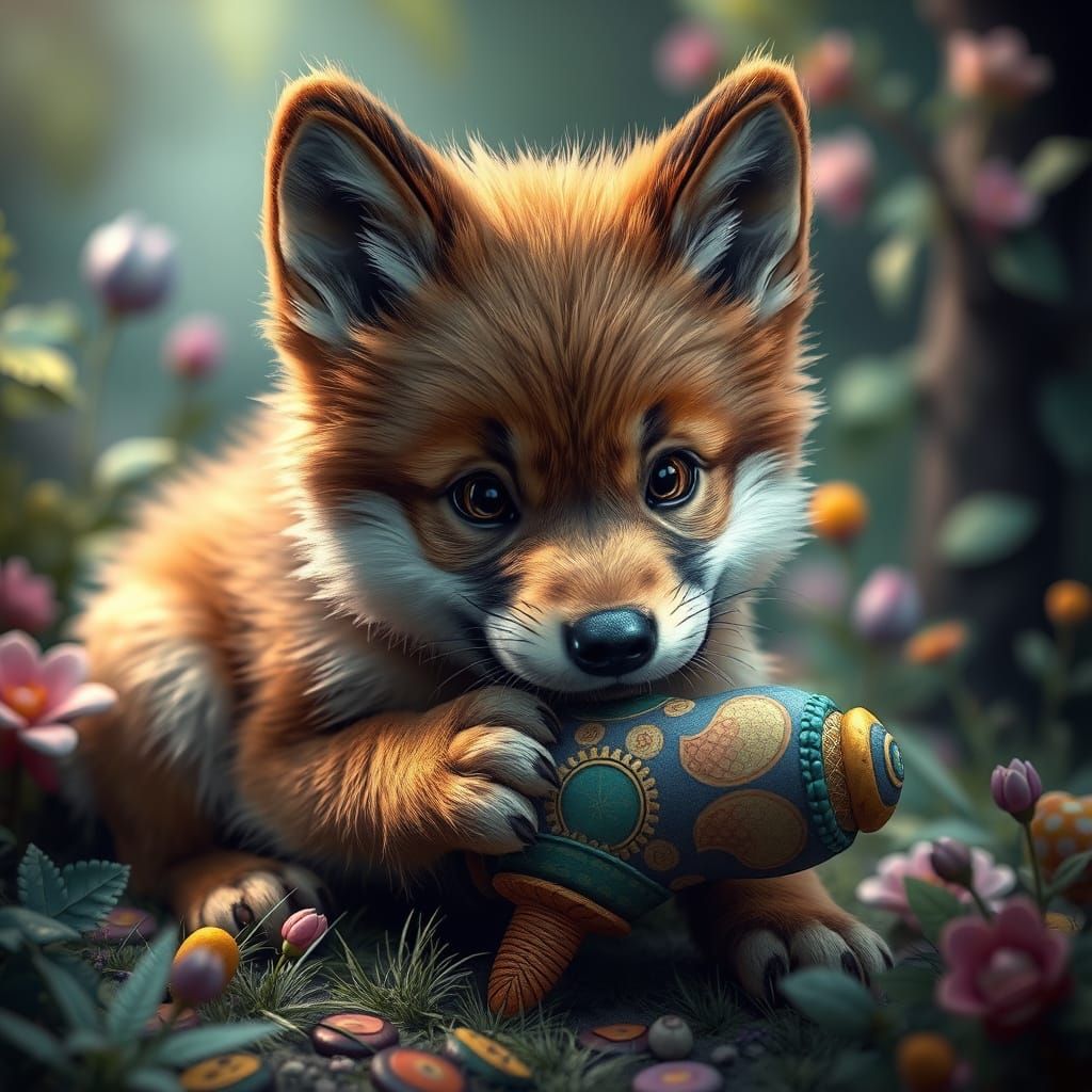 Whimsical Wolf Pup in Dreamlike Landscape