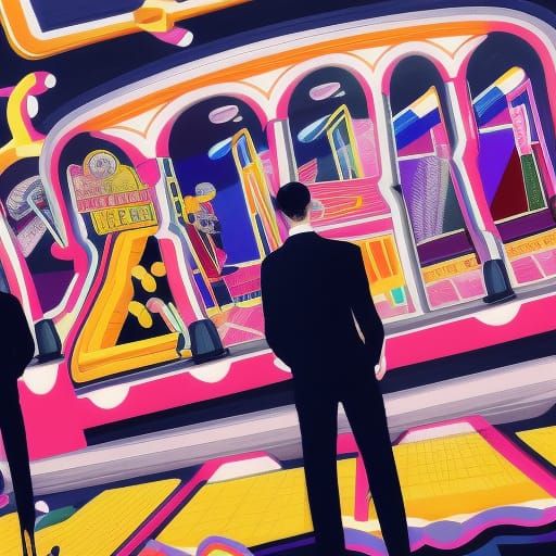 Men in Black Suits in an Arcade