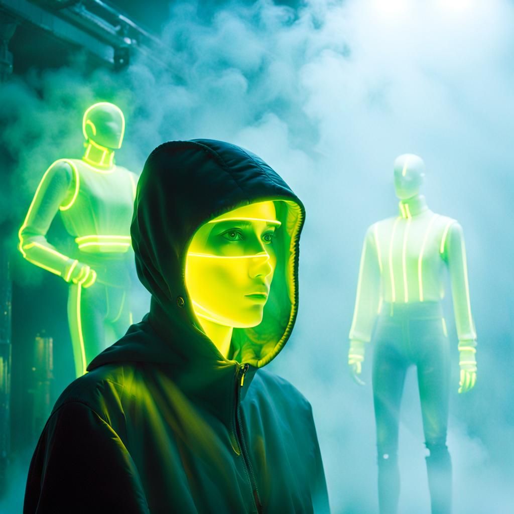 Neon Lit Mannequins in Fog