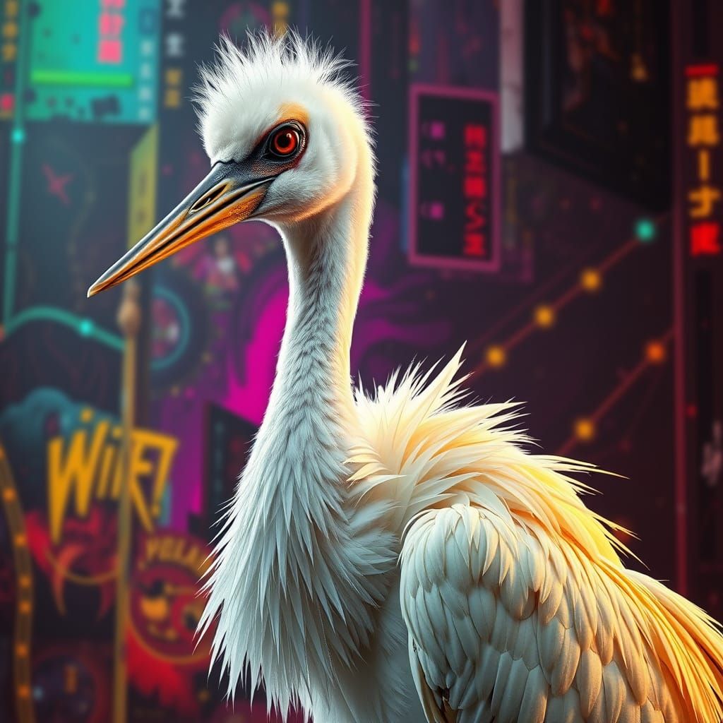 Cyberpunk Whooping Crane with Flabby Feathers