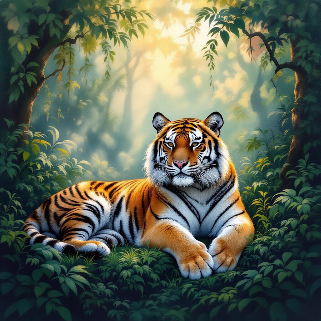 Majestic Tiger Relaxing in Ethereal Forest