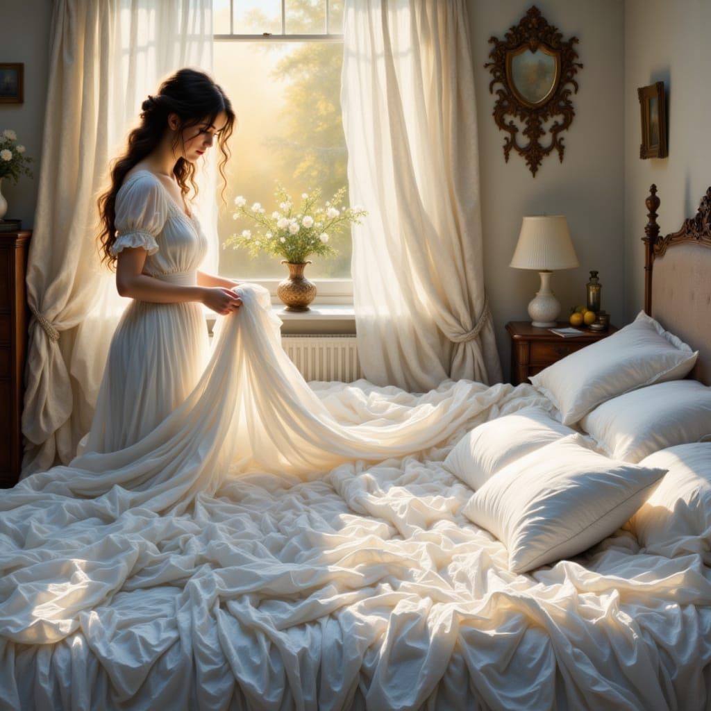 Woman Making Bed in Soft Morning Light, Impasto Oil Style