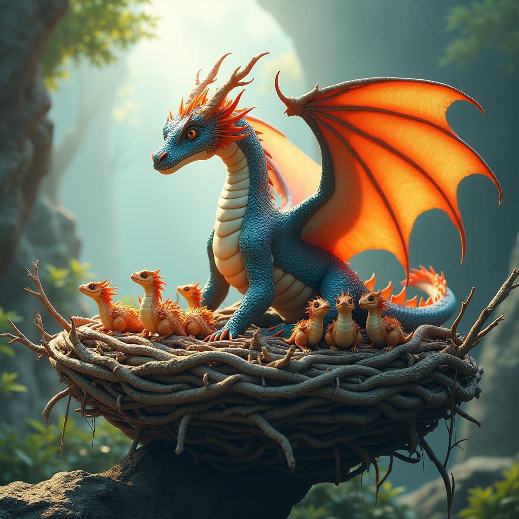Dragon Mother and Babies in Anime 3D Art