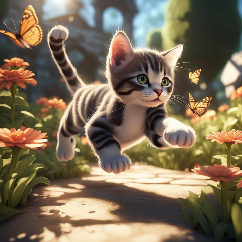 Kitten's Delight: Playful Chase in Sun-Dappled Garden