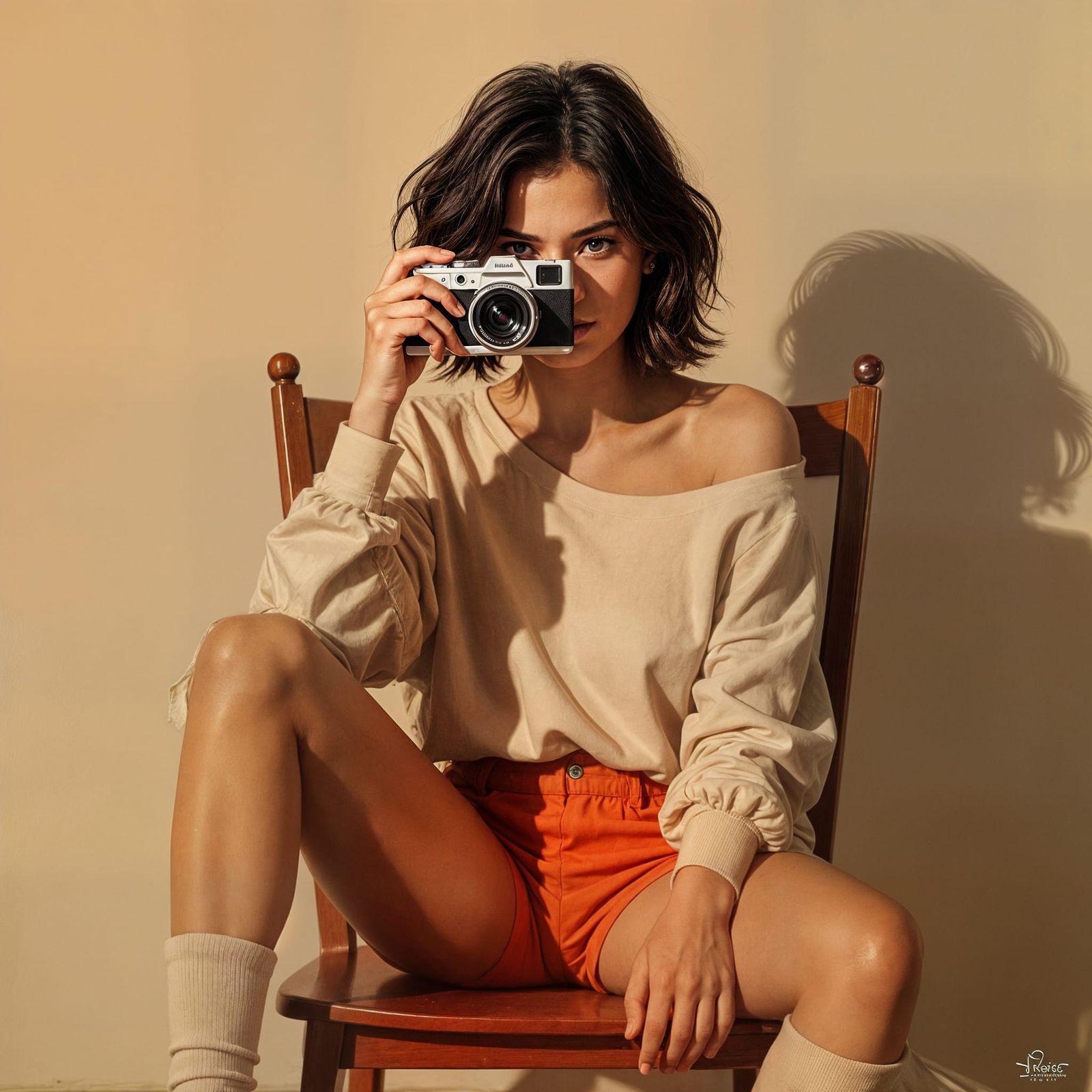 Young Woman Poses with Vintage Camera on Red Chair