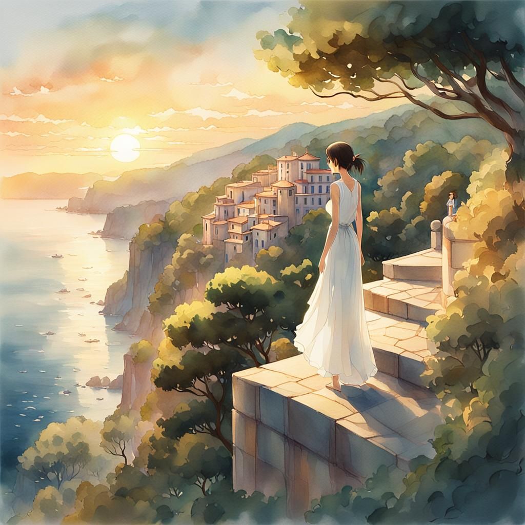 Italian Riviera Woman in Dress: Ghibli-Inspired Art