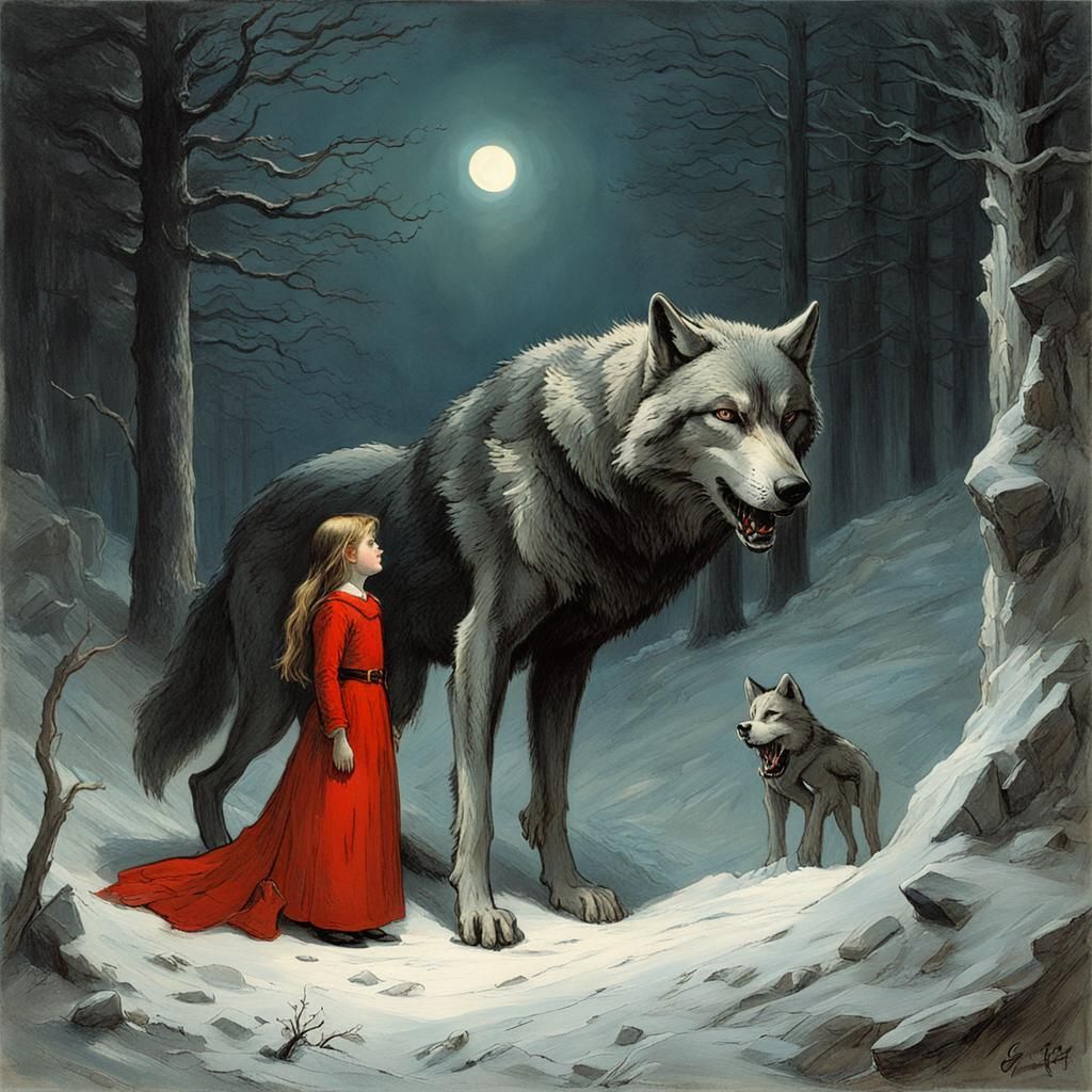 Giant Wolf Guardian with Girl in Red Dress
