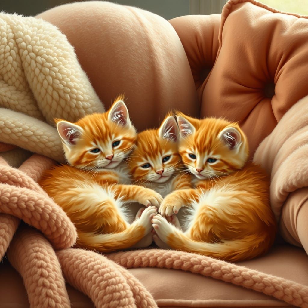 Cozy Orange Kittens on Plush Velvet Couch