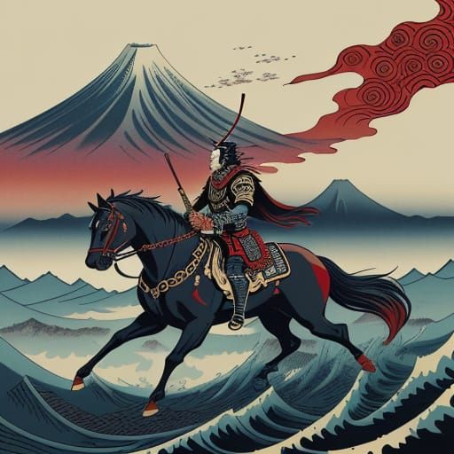 A surreal japanese ukiyo-e woodblock print depicting samurai...