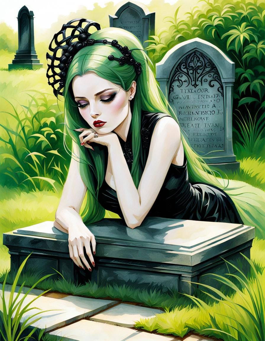 Gothic Girl Grieving at Grave in Giger Style