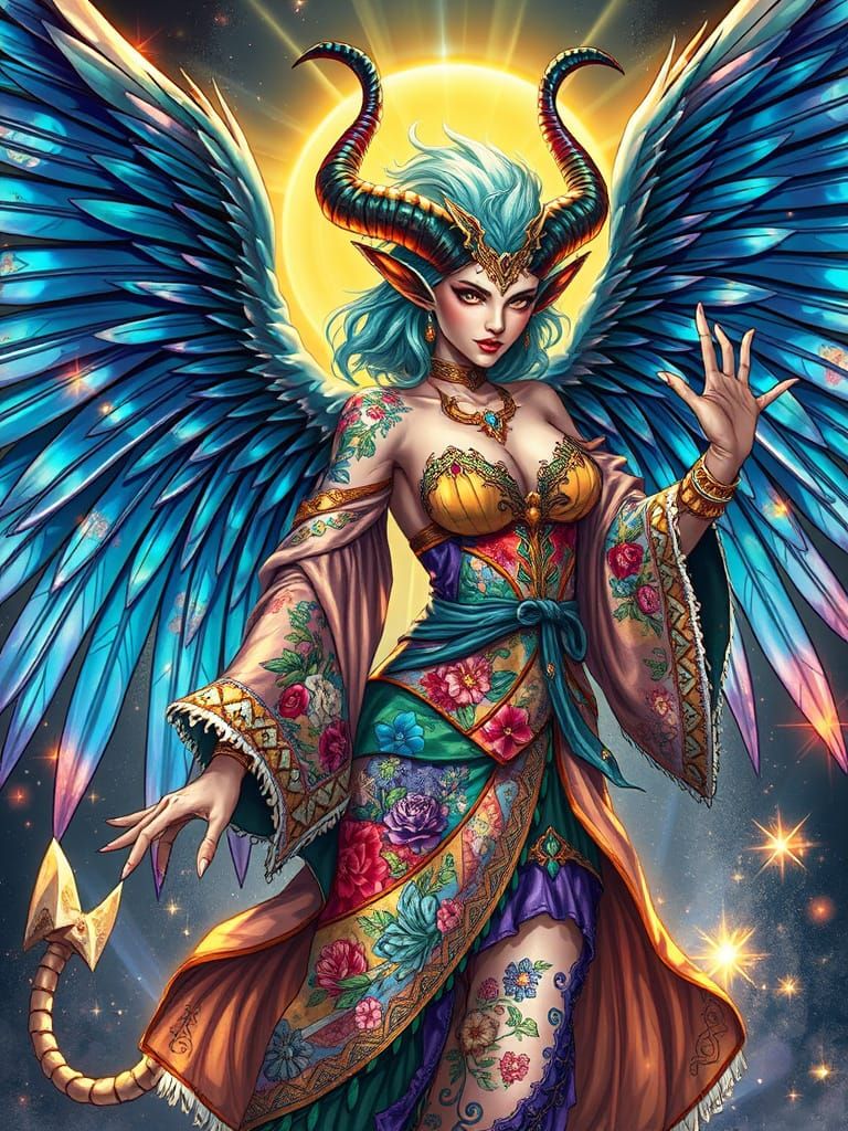 Mystical Demon Goddess Radiates Divine Light in Vibrant Fant...