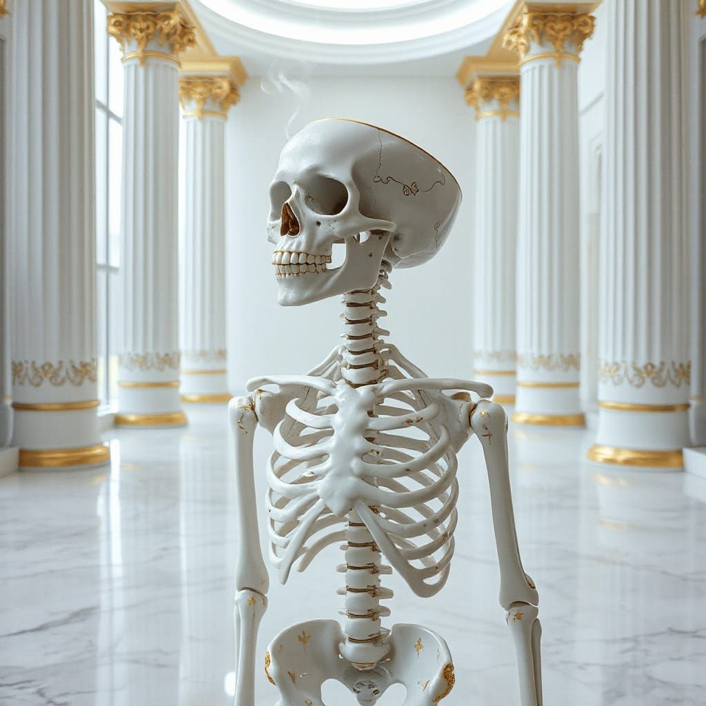 Skeleton with Porcelain Coffee Cup Head in White and Gold