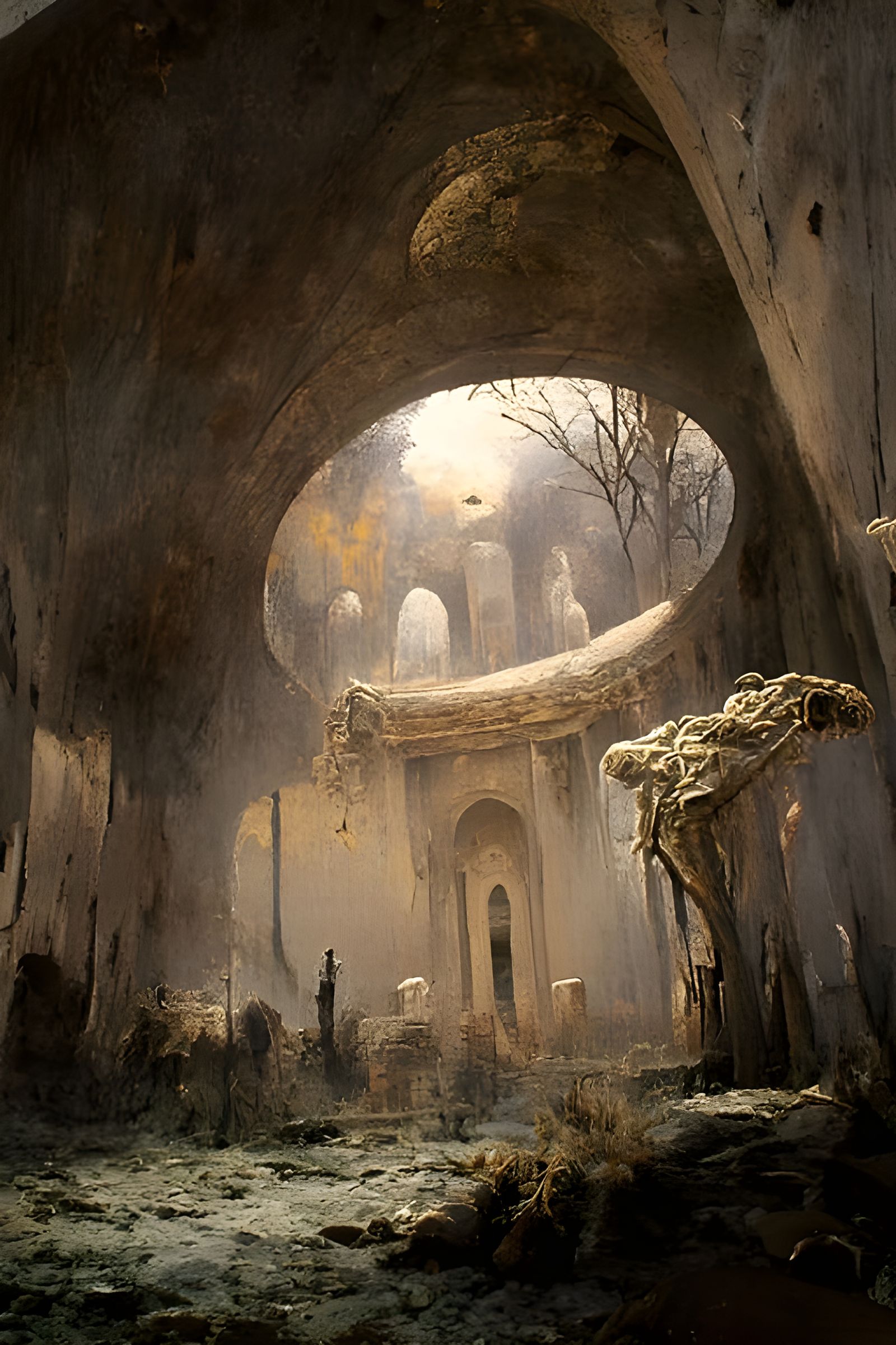 Sinister Ruined Mosque in Ethereal Cosmic Horror Style