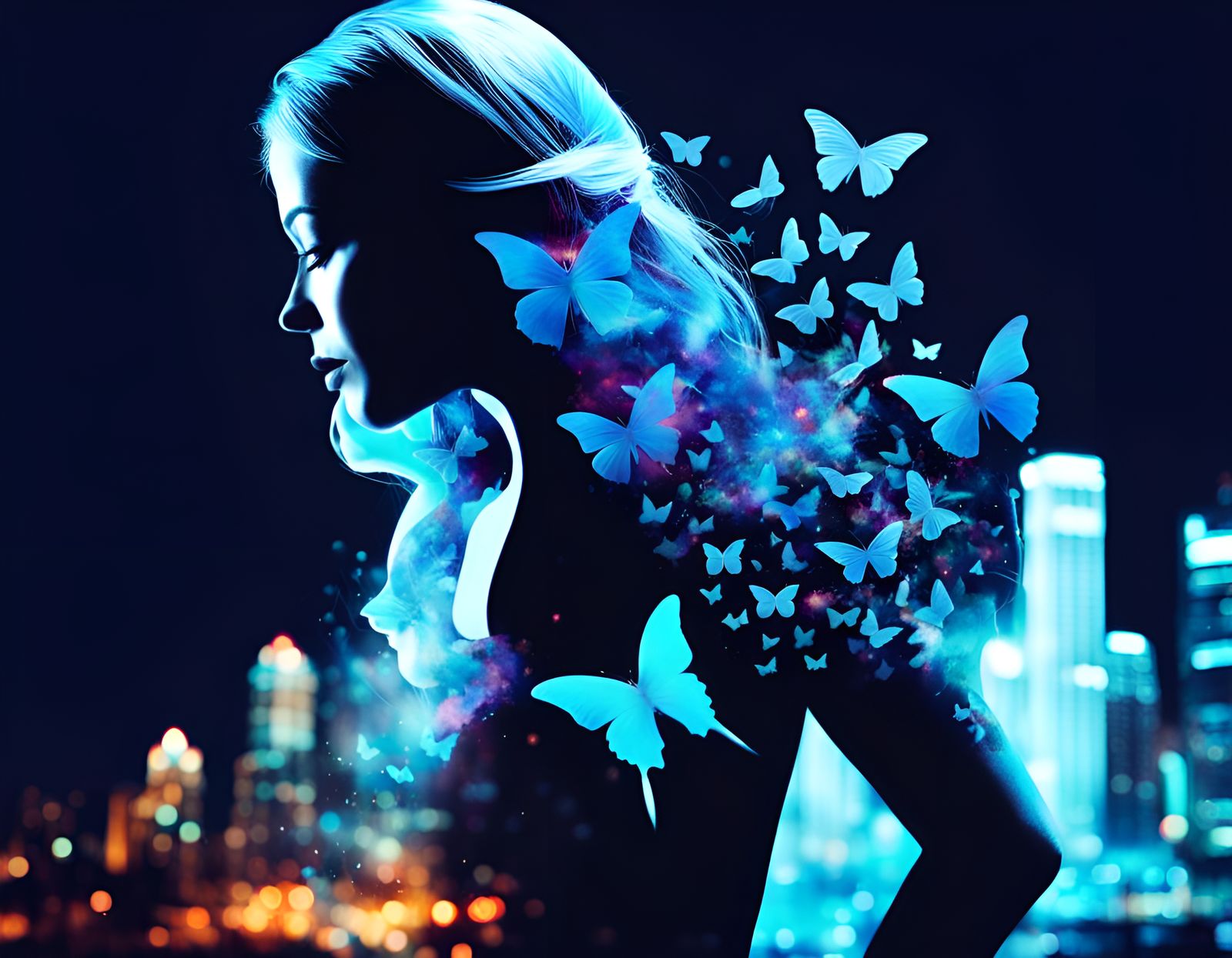 Woman with Butterflies and Cityscape in Double Exposure