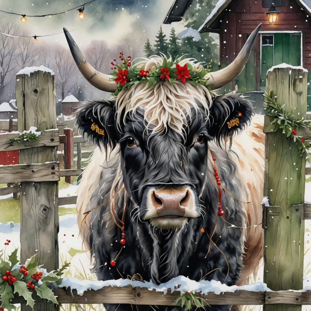 Festive Highland Calf in Snowy Watercolor Scene