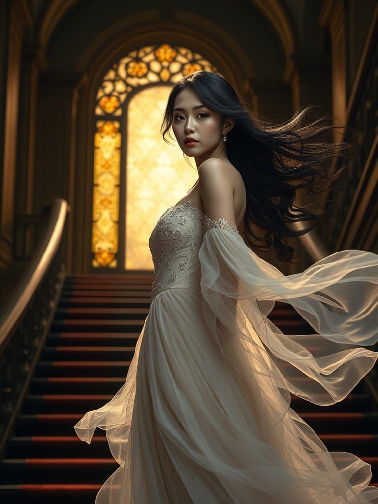 Ethereal Asian Goddess Ascends Grand Staircase in Gothic Spl...
