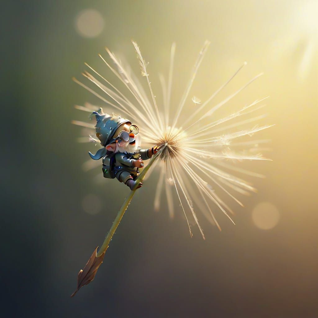 Whimsical Gnome Surfs Dandelion Seed